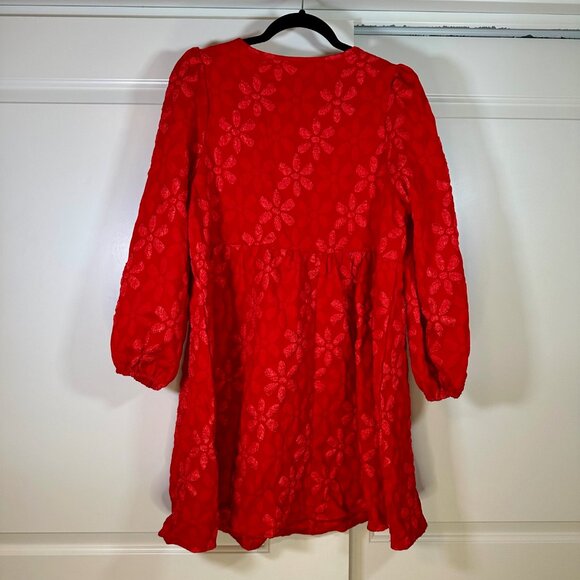 Red Bow Front Long Sleeve Floral Print Balloon Sleeve Baby-doll Dress 0XL - Picture 11 of 12